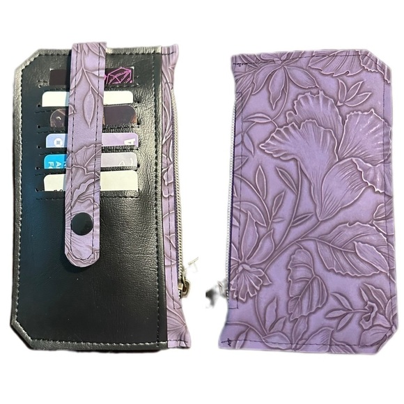 Hand Crafted Handbags - Wallet purple flowers black purse pall card holder zipper hand made